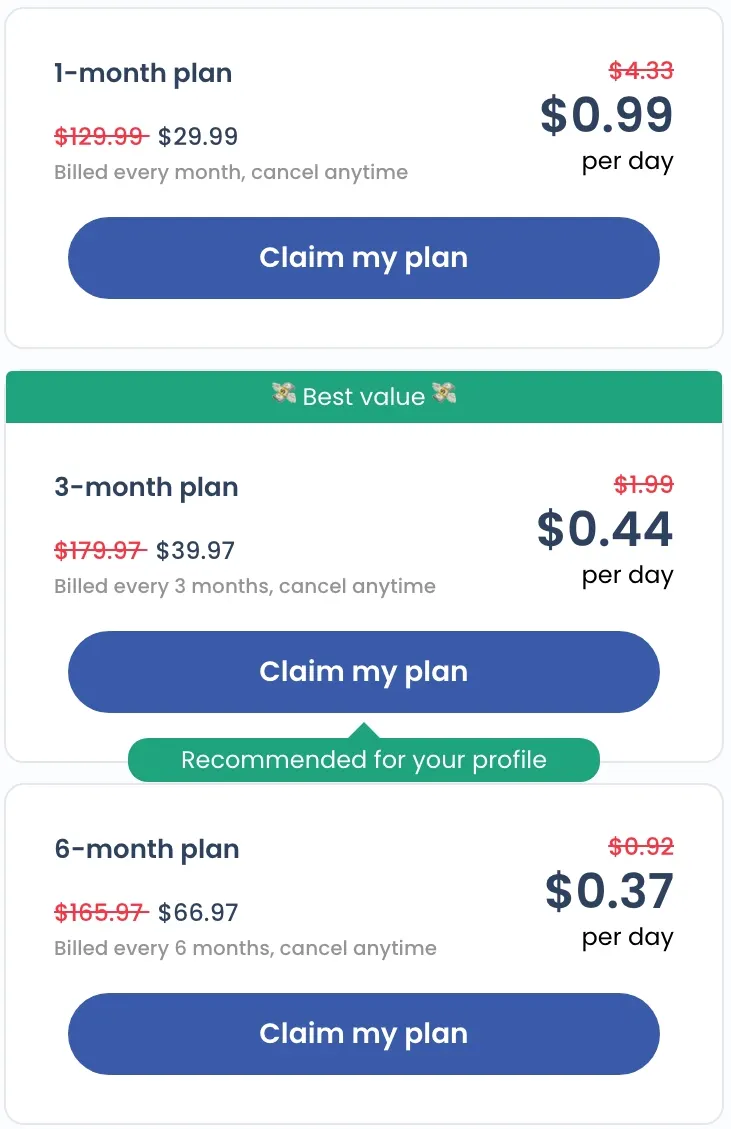 Happyo Pricing — 1 Month $29.99, 3 Month Best Value $39.97, 6 Month $66.97 — Up to 75% Discount